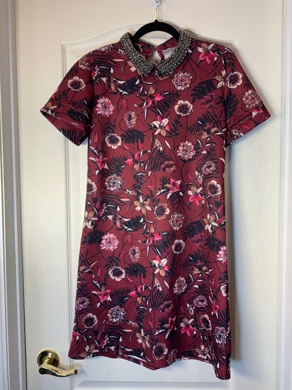 Quinze Heures Trente Paris Floral Beaded Collar Dress Burgundy Size L EU Shift